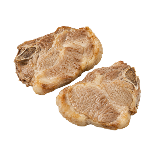 Illustration of Pork, fresh, loin, blade (chops), bone-in, separable lean and fat, cooked, braised