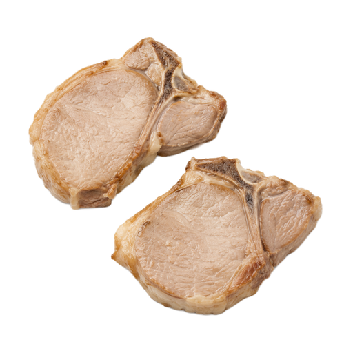 Illustration of Pork, fresh, loin, center loin (chops), bone-in, separable lean and fat, cooked, braised