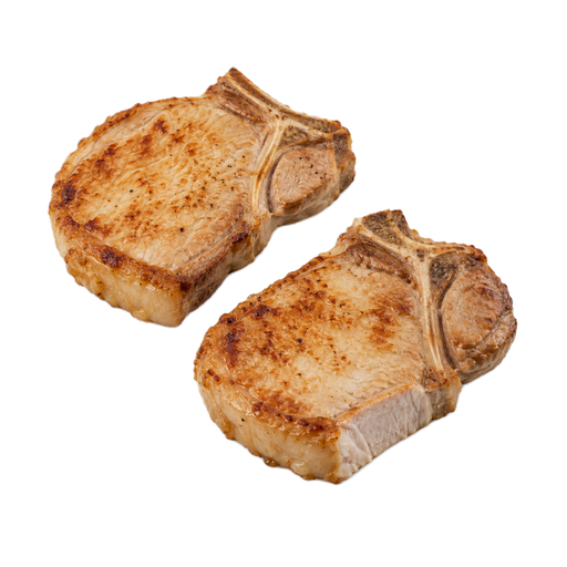 Illustration of Pork, fresh, loin, center loin (chops), bone-in, separable lean and fat, cooked, broiled
