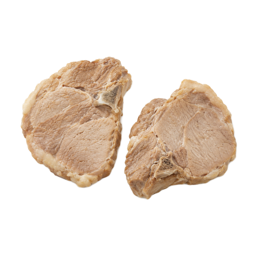 Illustration of Pork, fresh, loin, sirloin (chops), bone-in, separable lean and fat, cooked, braised