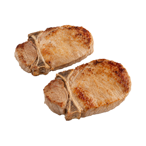 Illustration of Pork, fresh, loin, center loin (chops), bone-in, separable lean only, cooked, pan-fried