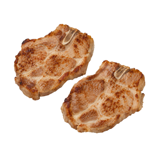 Illustration of Pork, fresh, loin, blade (chops), bone-in, separable lean and fat, cooked, pan-fried