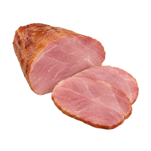 Illustration of Pork, cured, ham with natural juices, shank, bone-in, separable lean only, heated, roasted