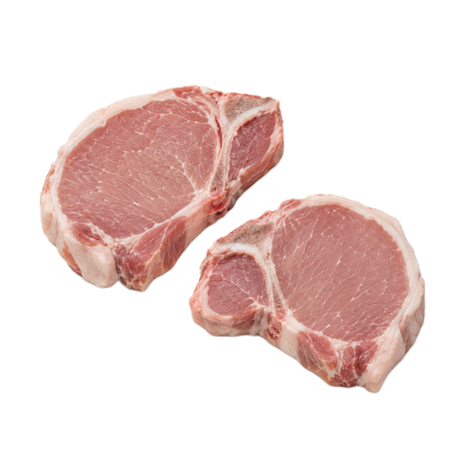 Illustration of Pork, fresh, loin, center loin (chops), bone-in, separable lean and fat, raw