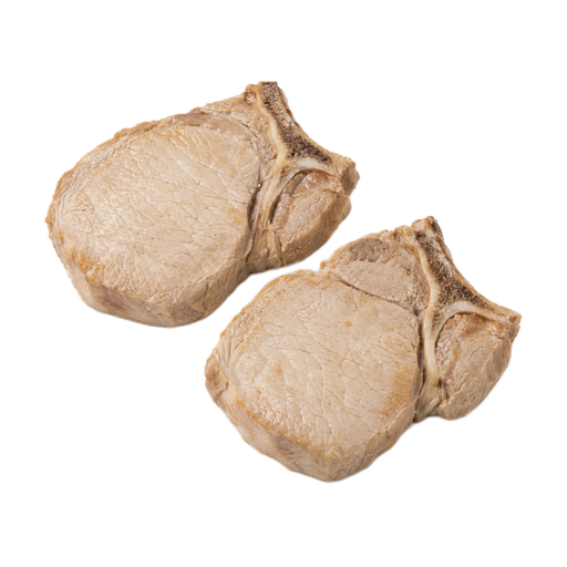 Illustration of Pork, fresh, loin, center loin (chops), bone-in, separable lean only, cooked, braised