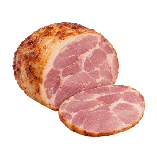 Illustration of Pork, cured, shoulder, blade roll, separable lean and fat, roasted