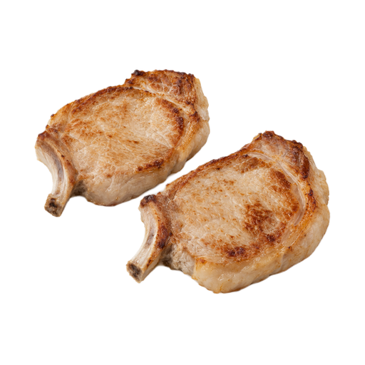Illustration of Pork, fresh, loin, center rib (chops), bone-in, separable lean and fat, cooked, pan-fried