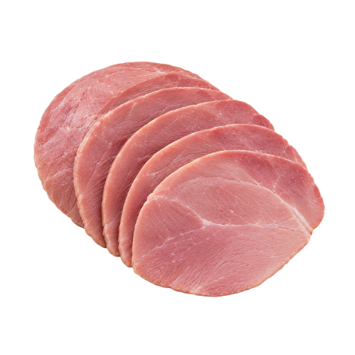 Illustration of Pork, cured, ham with natural juices, spiral slice, boneless, separable lean only, unheated