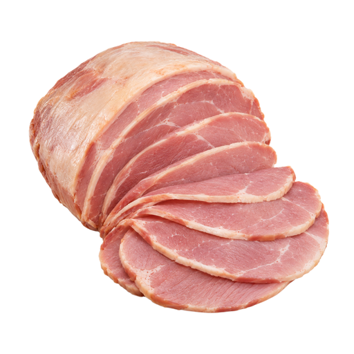 Illustration of Pork, cured, ham with natural juices, spiral slice, boneless, separable lean and fat, unheated
