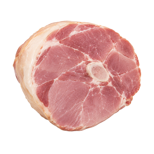 Illustration of Pork, cured, ham -- water added, rump, bone-in, separable lean and fat, unheated