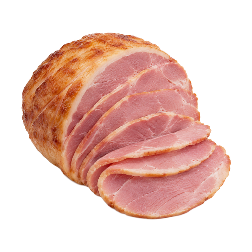 Illustration of Pork, cured, ham with natural juices, spiral slice, boneless, separable lean and fat, heated, roasted