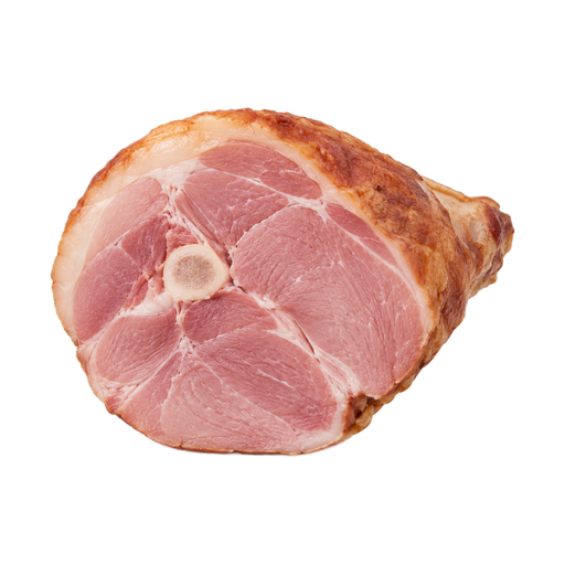 Illustration of Pork, cured, ham, shank, bone-in, separable lean and fat, heated, roasted
