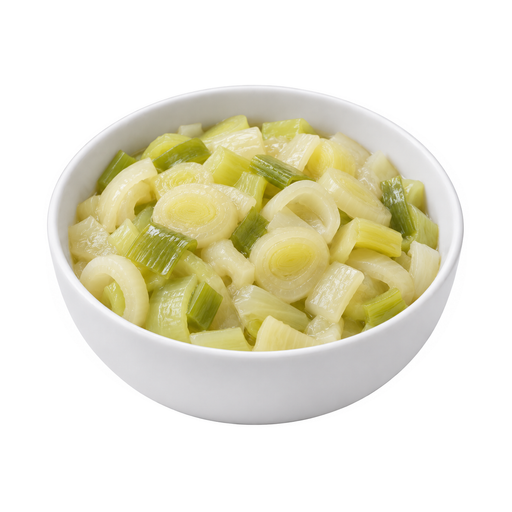 Illustration of Leeks, (bulb and lower leaf-portion), cooked, boiled, drained, with salt
