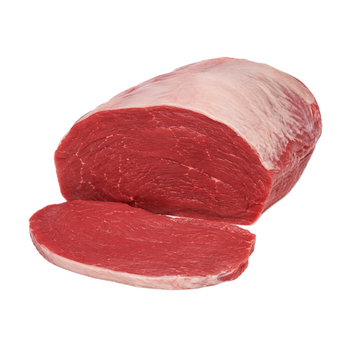 Ilustración de Carne de res, cuarto trasero, corte eye of round, pieza para asar, carne magra y grasa separables, recortada hasta 1/8 de pulgada de grasa externa, categoría Choice, cruda