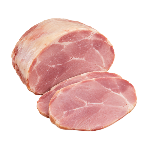 Illustration of Pork, cured, ham with natural juices, whole, boneless, separable lean and fat, unheated