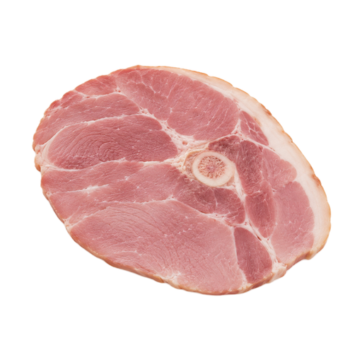 Illustration of Pork, cured, ham and water product, slice, bone-in, separable lean and fat, unheated