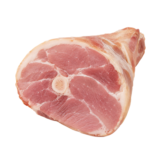 Illustration of Pork, cured, ham and water product, shank, bone-in, separable lean and fat, unheated