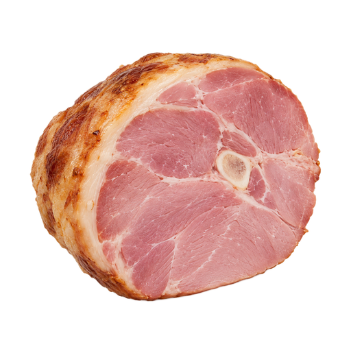 Illustration of Pork, cured, ham -- water added, rump, bone-in, separable lean and fat, heated, roasted