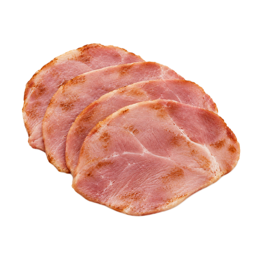 Illustration of Pork, cured, ham and water product, slice, boneless, separable lean and fat, heated, pan-broil