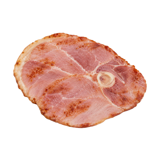 Illustration of Pork, cured, ham with natural juices, slice, bone-in, separable lean and fat, heated, pan-broil