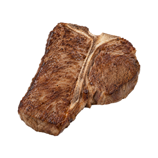 Ilustración de Carne de res, lomo corto (short loin), filete porterhouse, carne magra y grasa separables, recortada hasta 0 pulgadas de grasa externa, categoría USDA Choice, asada bajo calor directo
