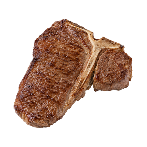 Ilustración de Carne de res, lomo corto (short loin), filete T-bone, carne magra y grasa separables, recortada hasta 0 pulgadas de grasa externa, categoría USDA Select, asada bajo calor directo