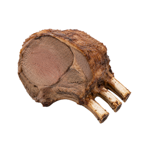 Ilustración de Carne de res, costillar, extremo mayor (costillas 6-9), carne magra y grasa separables, recortada hasta 1/8 de pulgada de grasa externa, categoría Choice, asada al horno