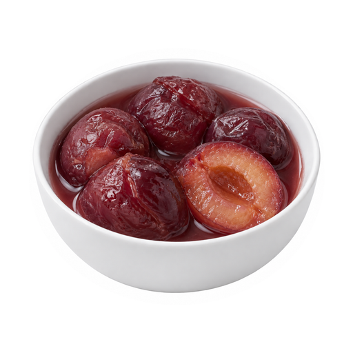 Illustration of Plums, canned, purple, water pack, solids and liquids