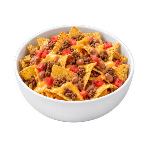 Ilustración de Comida rápida, nachos con queso, frijoles, carne de res picada y tomate