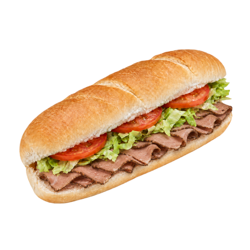 Ilustração de Fast-food, sanduíche tipo submarino de rosbife em pão branco com alface e tomate