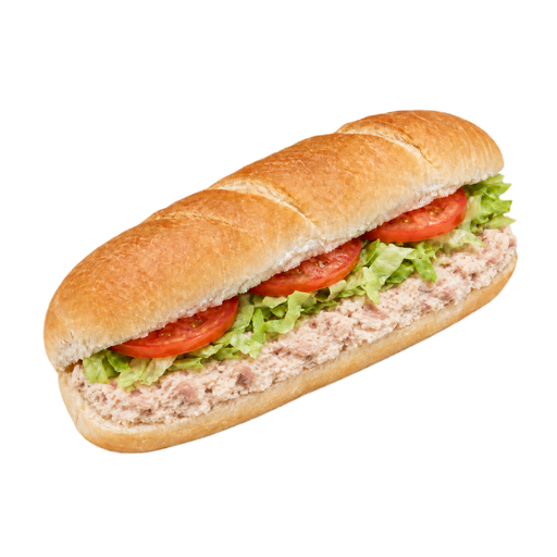 Ilustración de Comida rápida, bocadillo tipo submarino de atún en pan blanco con lechuga y tomate