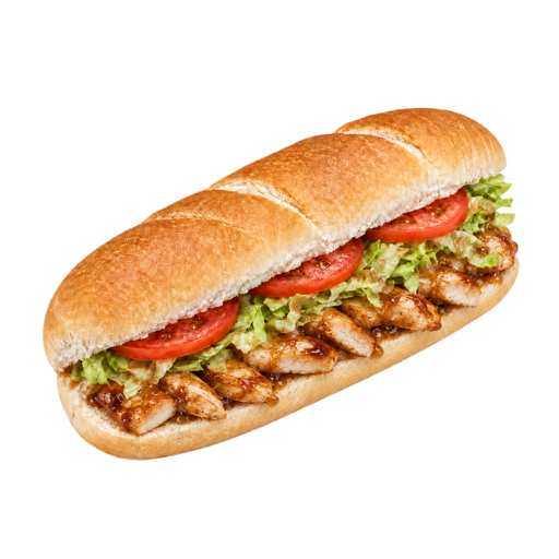 Ilustração de Fast-food, sanduíche tipo submarino de frango teriyaki com cebola doce, em pão branco com alface, tomate e molho de cebola doce