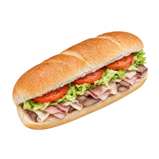 Ilustración de Comida rápida, bocadillo tipo submarino de pavo, rosbif y jamón en pan blanco con lechuga y tomate
