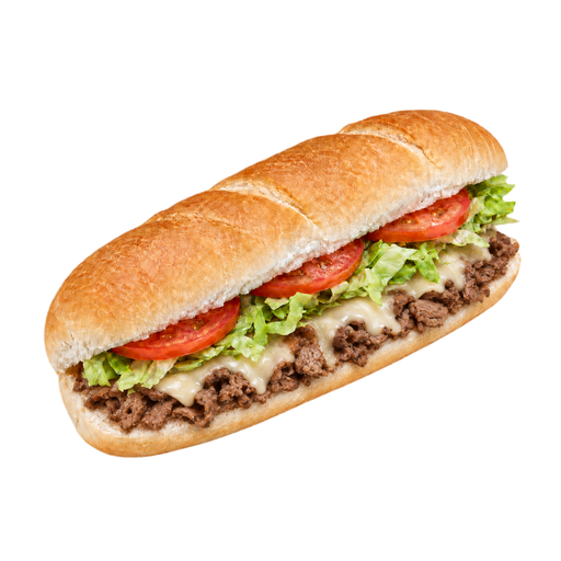 Ilustração de Fast-food, sanduíche tipo submarino de carne em bife e queijo em pão branco com alface e tomate