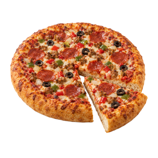 Ilustración de Pizza DIGIORNO, cobertura supreme, masa que sube en el horno, congelada, horneada