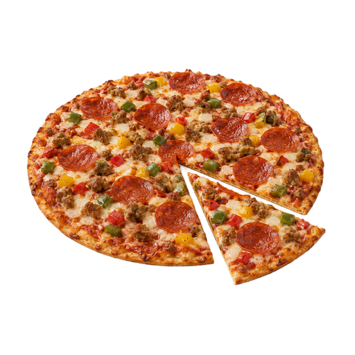 Ilustração de Pizza DIGIORNO, cobertura supreme, massa fina crocante, congelada, assada