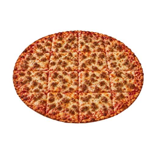 Ilustración de Comida rápida de cadena de pizzerías, pizza de 14 pulgadas con salchicha, masa fina