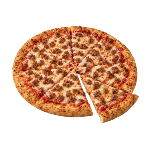 Ilustración de Comida rápida de cadena de pizzerías, pizza de 14 pulgadas con salchicha, masa tradicional