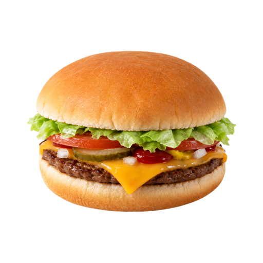 Ilustração de Fast-food, cheeseburger simples, hambúrguer de tamanho padrão, com condimentos e vegetais