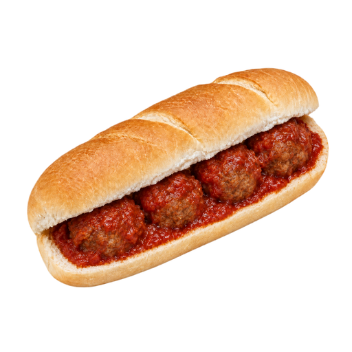 Ilustración de Comida rápida, bocadillo tipo submarino de albóndigas con salsa marinara en pan blanco