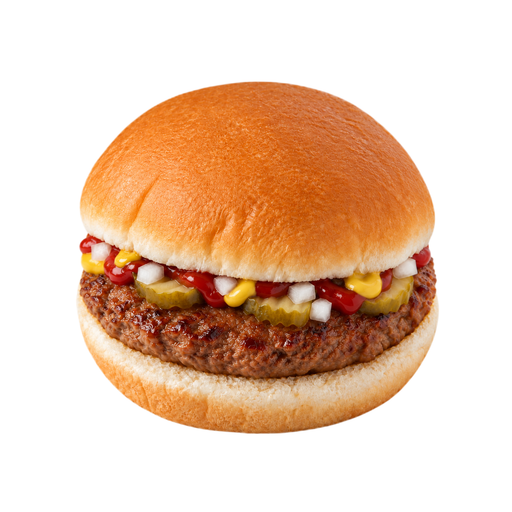 Ilustración de Comida rápida, hamburguesa grande con una pieza de carne, con condimentos