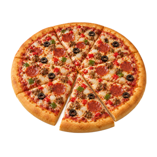 Illustration of Pizza, meat and vegetable topping, regular crust, frozen, cooked