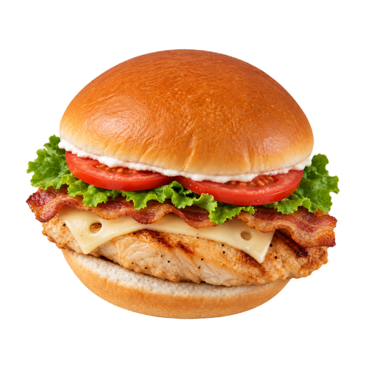 Ilustração de Fast-food, sanduíche club de frango grelhado, bacon e tomate, com queijo, alface e maionese