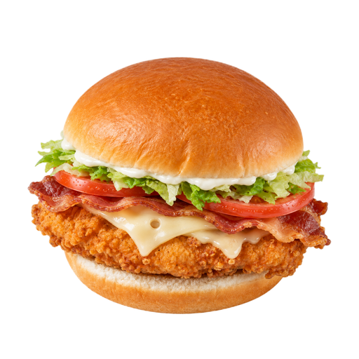 Ilustração de Fast-food, sanduíche club de frango crocante, bacon e tomate, com queijo, alface e maionese