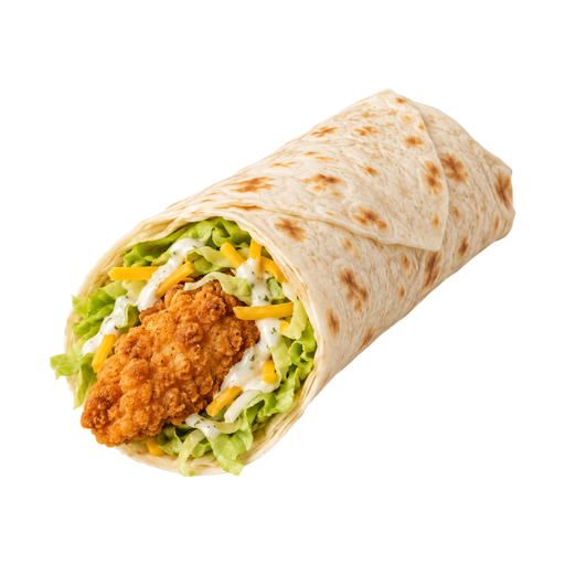 Ilustración de Comida rápida, pollo crujiente en tortilla, con lechuga, queso y salsa ranch