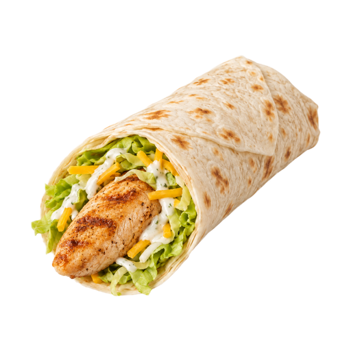 Ilustração de Fast-food, frango grelhado em tortilha, com alface, queijo e molho ranch