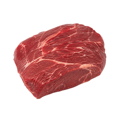 Ilustração de Carne bovina, dianteiro (chuck), bife central sob a escápula (under blade center), corte Denver, sem osso, carne magra e gordura separáveis, aparada até 0 polegadas de gordura externa, classificação Select, crua