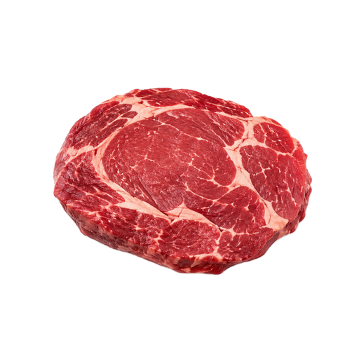 Ilustração de Carne bovina, miolo do dianteiro (chuck eye), em bife, sem osso, carne magra e gordura separáveis, aparada até 0 polegadas de gordura externa, classificação Choice, crua