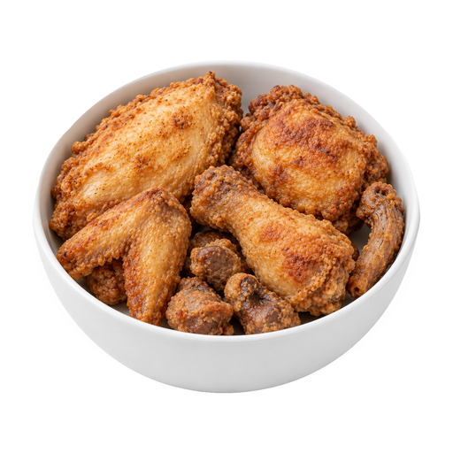 Ilustração de Frango de corte, carne, pele, miúdos e pescoço, cozido, frito, empanado com farinha