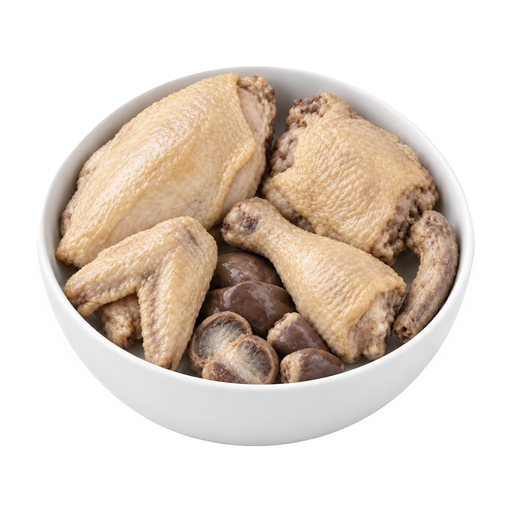 Ilustración de Pollo de engorde, carne, piel, menudillos y cuello, guisado